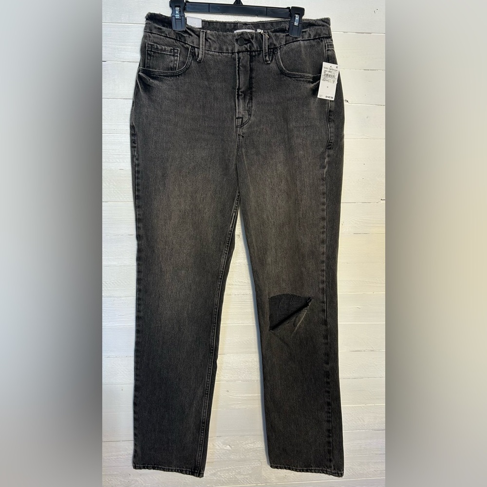 NWT Good American Good Icon black straight leg jean. Left leg rip, size 10/30.
